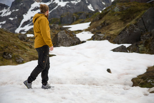 Adventuring in snowy nature Canada while wearing Xero barefoot shoes.