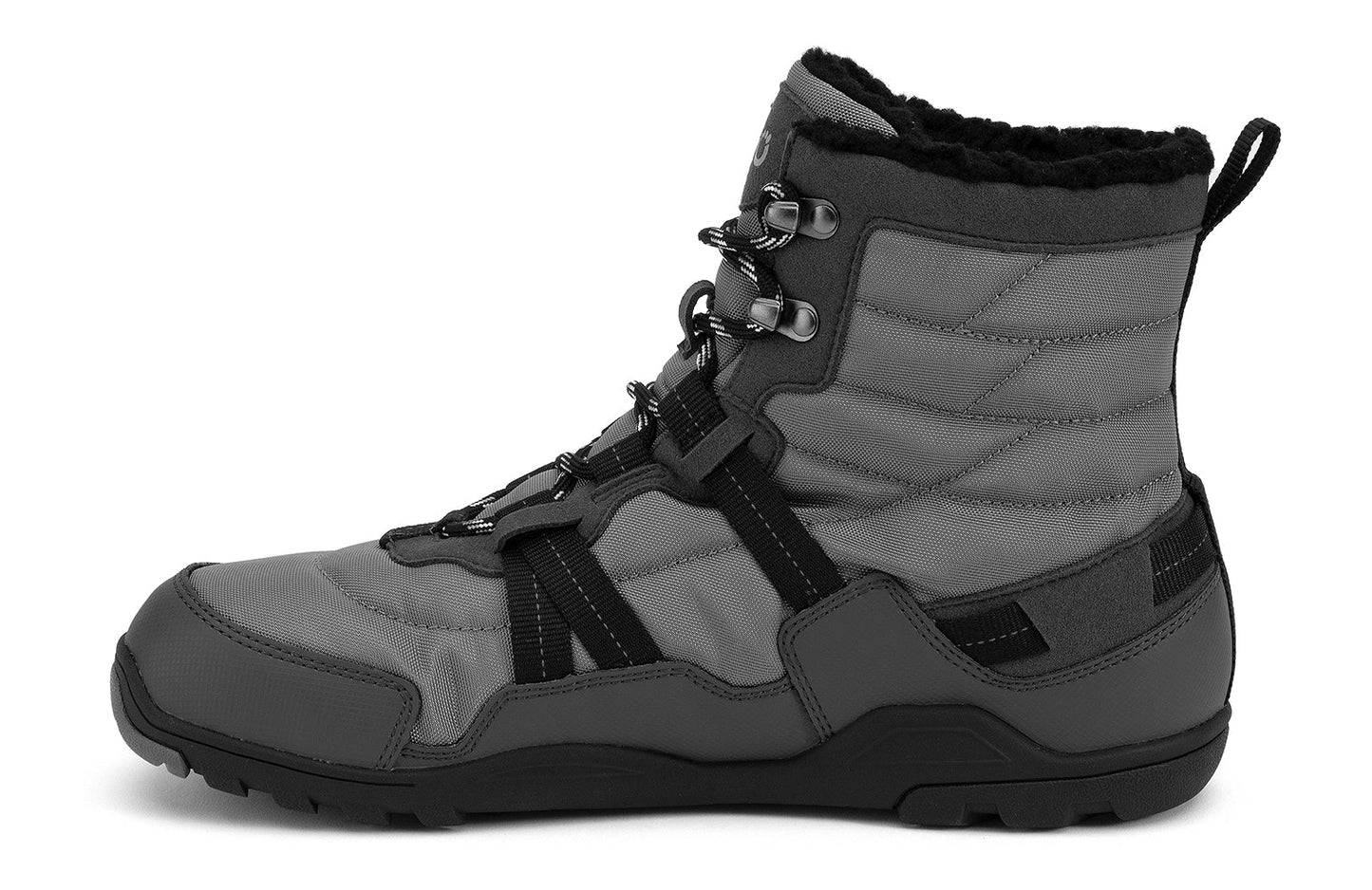 Xero Barefoot Shoes sold in Ontario, Canada. These minimalist shoes have flexible soles, wide toe boxes, and zero drop. Medial side view of Xero Men's Alpine in Asphalt/Black. Waterproof, lightweight snow boot.