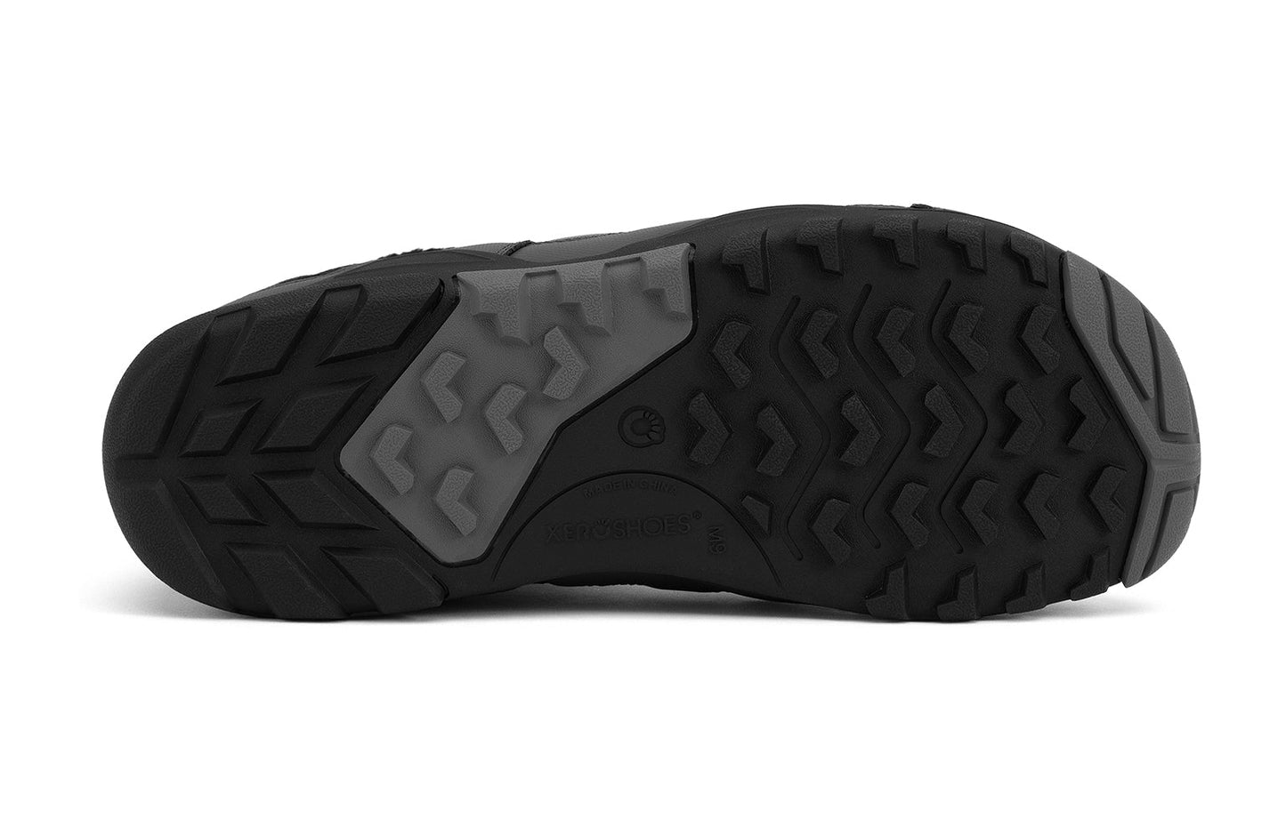 Xero Barefoot Shoes sold in Ontario, Canada. These minimalist shoes have flexible soles, wide toe boxes, and zero drop. Sole view of Xero Men's Alpine in Asphalt/Black. Waterproof, lightweight snow boot.