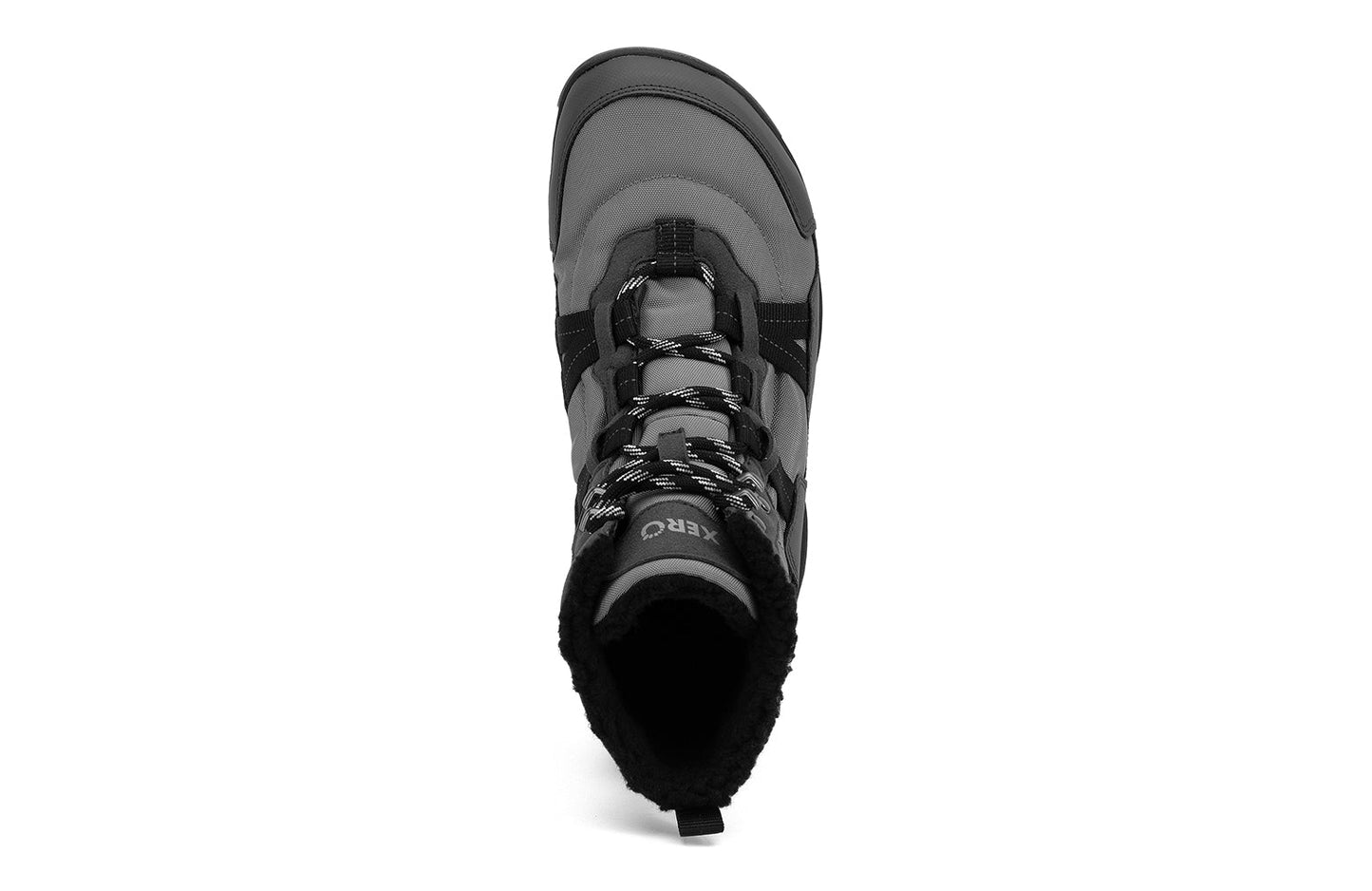 Xero Barefoot Shoes sold in Ontario, Canada. These minimalist shoes have flexible soles, wide toe boxes, and zero drop. Top view of Xero Men's Alpine in Asphalt/Black. Waterproof, lightweight snow boot.