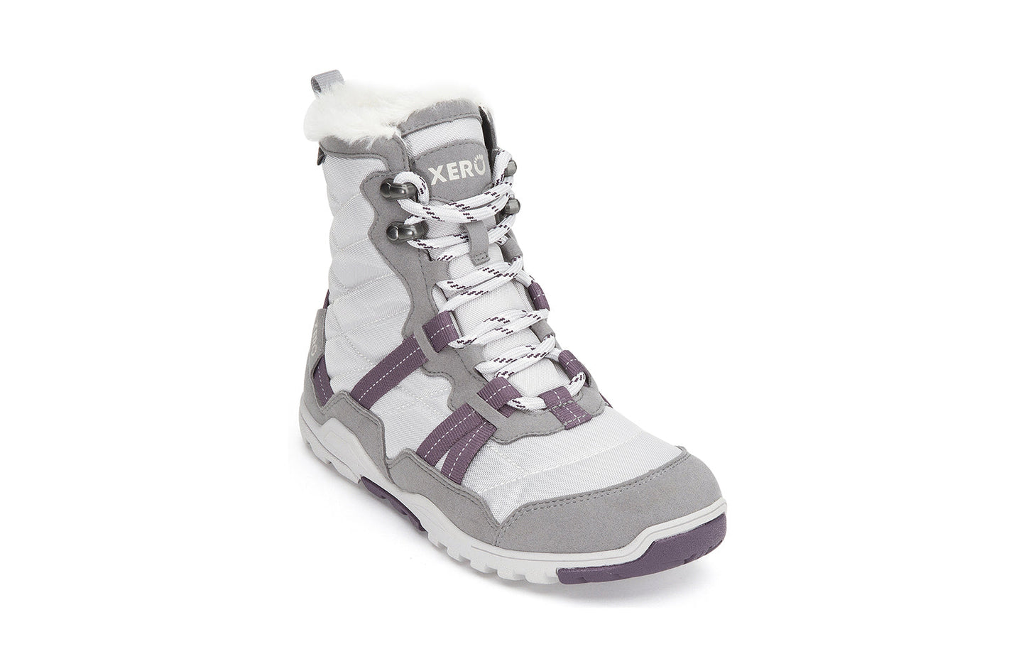 Xero Barefoot Shoes sold in Ontario, Canada. These minimalist shoes have flexible soles, wide toe boxes, and zero drop. Angled view of Xero Women's Alpine in Frost Gray/White. Waterproof, lightweight snow boot.