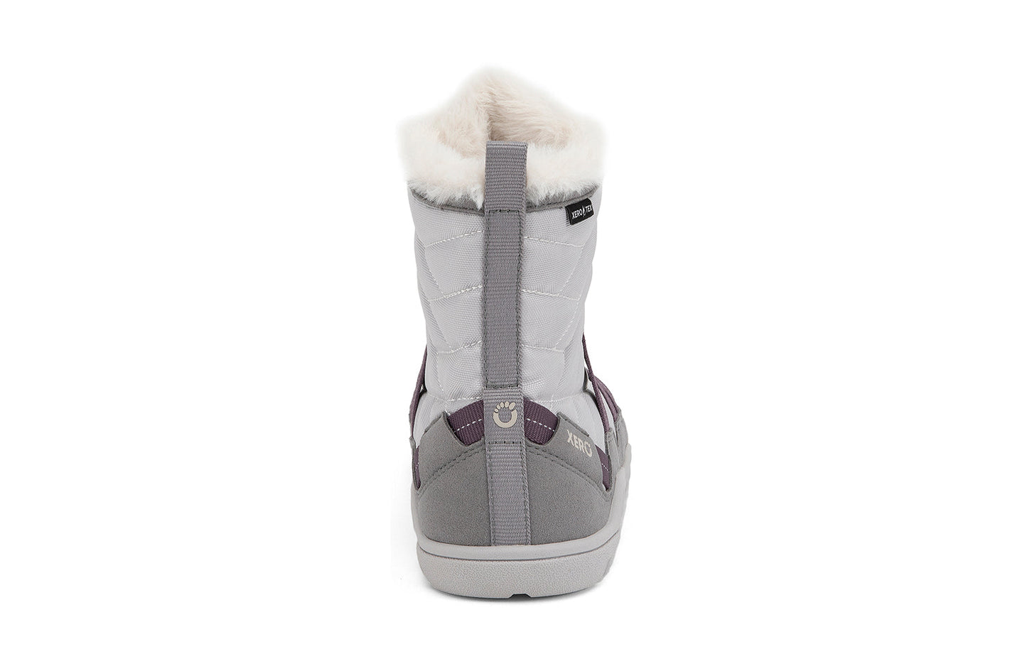 Xero Barefoot Shoes sold in Ontario, Canada. These minimalist shoes have flexible soles, wide toe boxes, and zero drop. Back view of Xero Women's Alpine in Frost Gray/White. Waterproof, lightweight snow boot.