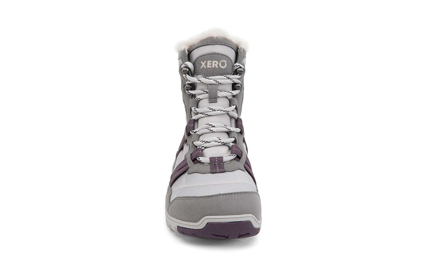 Xero Barefoot Shoes sold in Ontario, Canada. These minimalist shoes have flexible soles, wide toe boxes, and zero drop. Front view of Xero Women's Alpine in Frost Gray/White. Waterproof, lightweight snow boot.