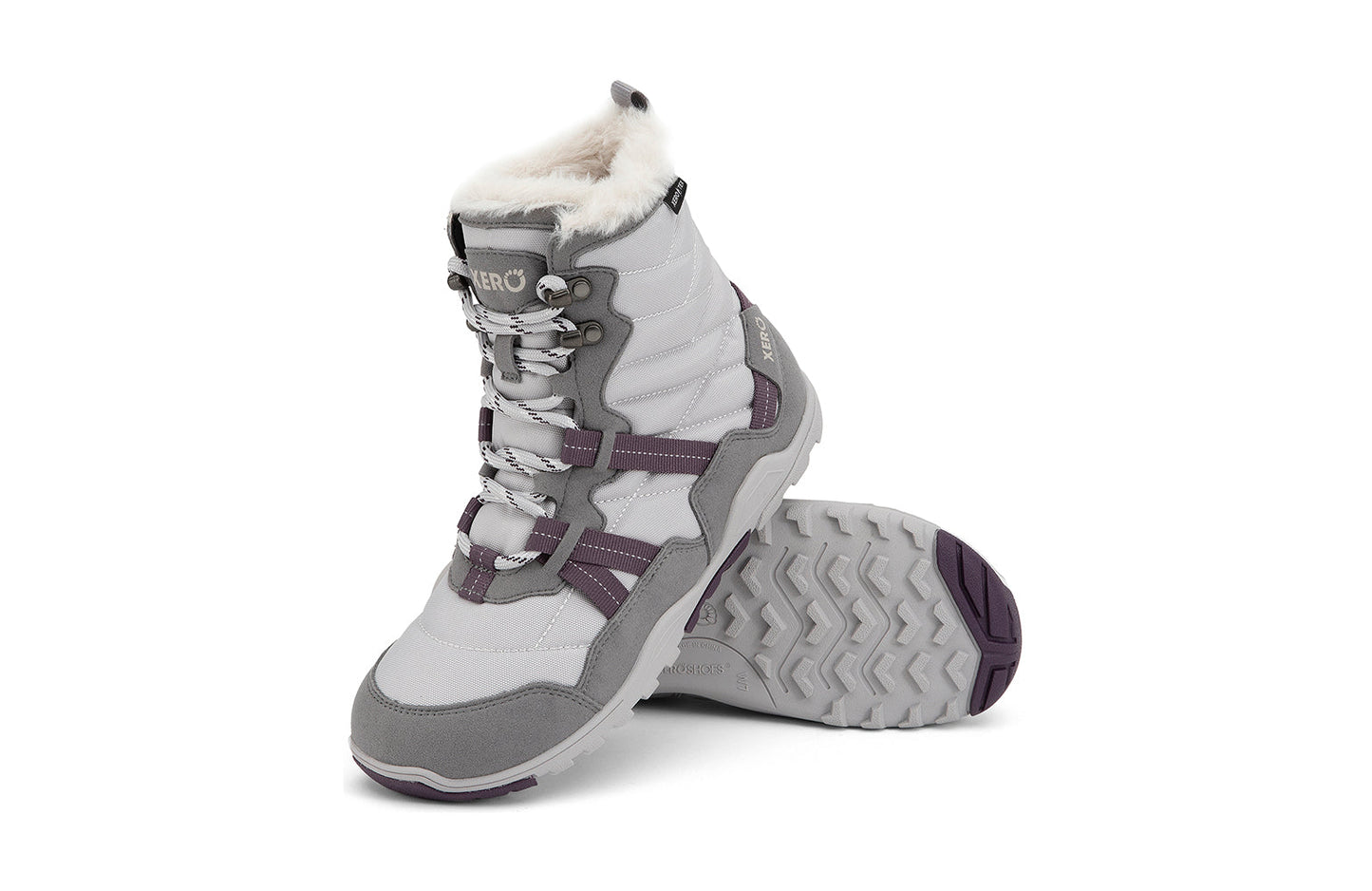 Xero Barefoot Shoes sold in Ontario, Canada. These minimalist shoes have flexible soles, wide toe boxes, and zero drop. Angled pair view of Xero Women's Alpine in Frost Gray/White. Waterproof, lightweight snow boot.