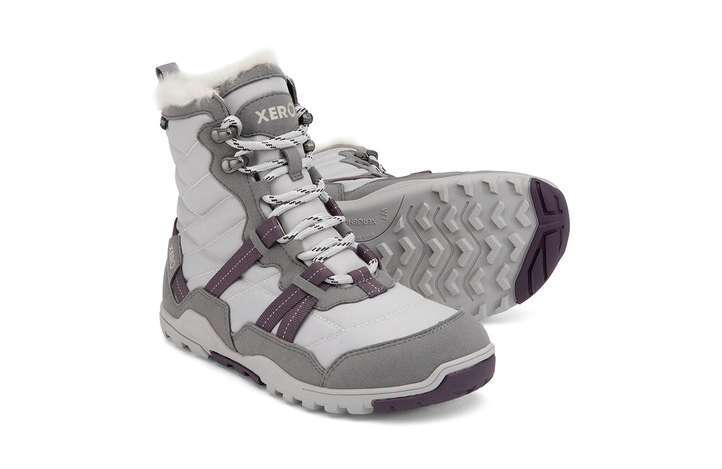Xero Barefoot Shoes sold in Ontario, Canada. These minimalist shoes have flexible soles, wide toe boxes, and zero drop. Side and sole pair view of Xero Women's Alpine in Frost Gray/White. Waterproof, lightweight snow boot.