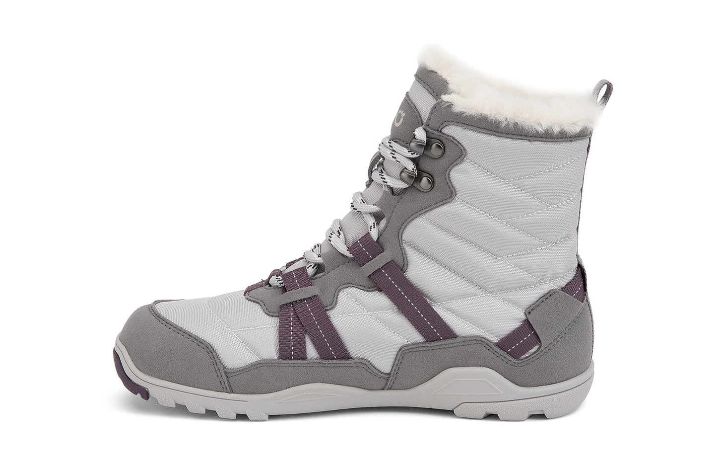 Xero Barefoot Shoes sold in Ontario, Canada. These minimalist shoes have flexible soles, wide toe boxes, and zero drop. Medial side view of Xero Women's Alpine in Frost Gray/White. Waterproof, lightweight snow boot.