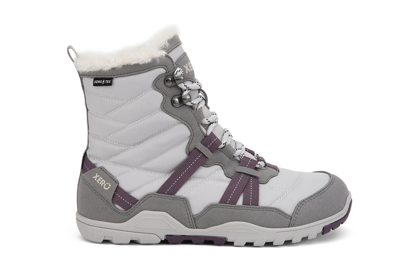 Xero Barefoot Shoes sold in Ontario, Canada. These minimalist shoes have flexible soles, wide toe boxes, and zero drop. Lateral side view of Xero Women's Alpine in Frost Gray/White. Waterproof, lightweight snow boot.