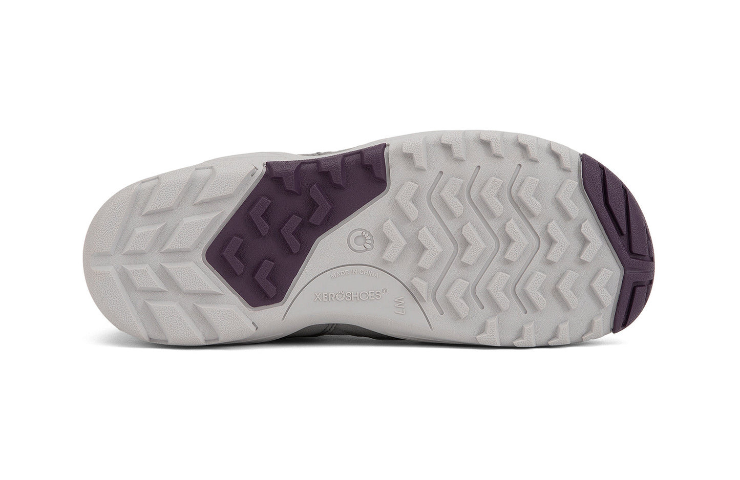 Xero Barefoot Shoes sold in Ontario, Canada. These minimalist shoes have flexible soles, wide toe boxes, and zero drop. Sole view of Xero Women's Alpine in Frost Gray/White. Waterproof, lightweight snow boot.