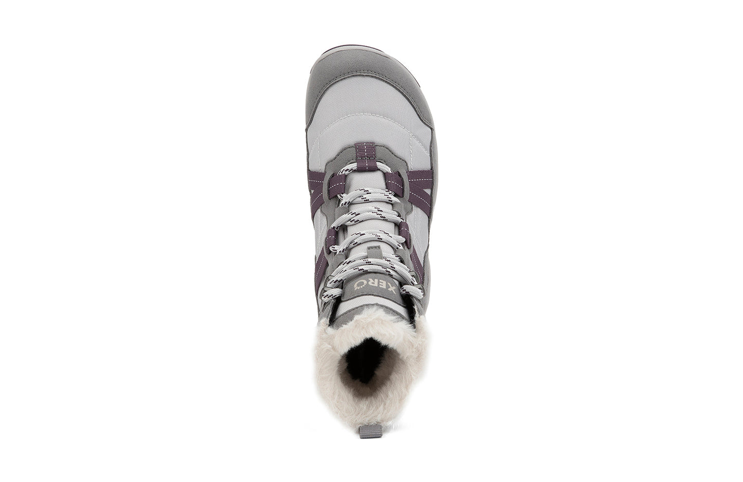 Xero Barefoot Shoes sold in Ontario, Canada. These minimalist shoes have flexible soles, wide toe boxes, and zero drop. Top view of Xero Women's Alpine in Frost Gray/White. Waterproof, lightweight snow boot.