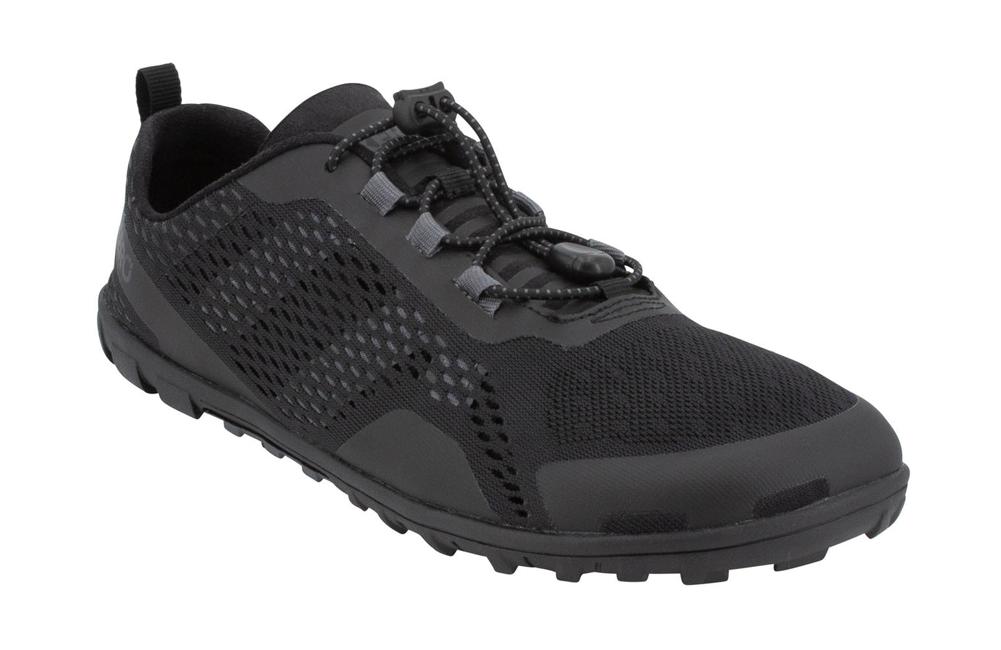 Xero Shoes Canada, specifically barefoot hiking shoes Canada. These minimalist shoes have flexible soles, wide toe boxes, and zero drop. Angled view of Xero Men's Aqua X Sport in Black. Water friendly road and trail shoe.