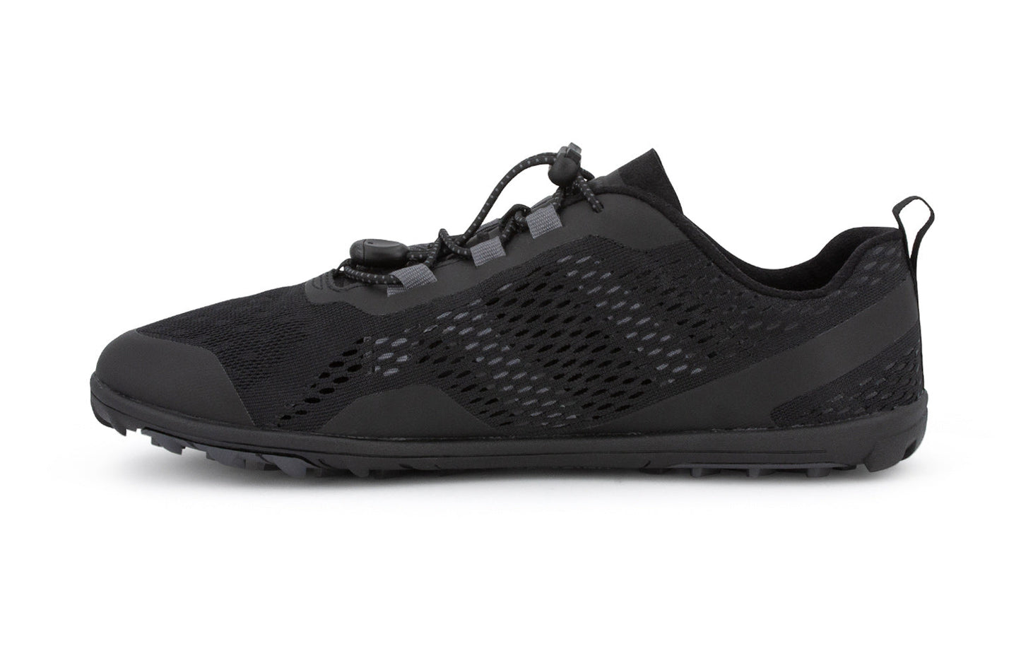 Xero Shoes Canada, specifically barefoot hiking shoes Canada. These minimalist shoes have flexible soles, wide toe boxes, and zero drop. Medial side view of Xero Men's Aqua X Sport in Black. Water friendly road and trail shoe.