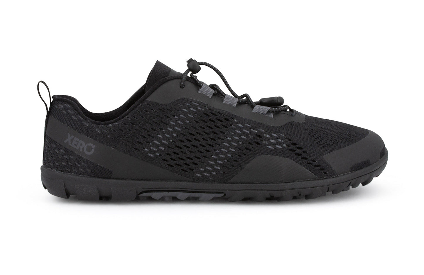 Xero Shoes Canada, specifically barefoot hiking shoes Canada. These minimalist shoes have flexible soles, wide toe boxes, and zero drop. Lateral side view of Xero Men's Aqua X Sport in Black. Water friendly road and trail shoe.