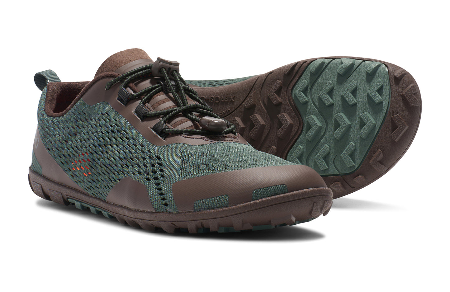 Xero Shoes Canada, specifically barefoot hiking shoes Canada. These minimalist shoes have flexible soles, wide toe boxes, and zero drop. Side and sole pair view of Xero Men's Aqua X Sport in Dark Forest/Java Brown. Water friendly road and trail shoe.