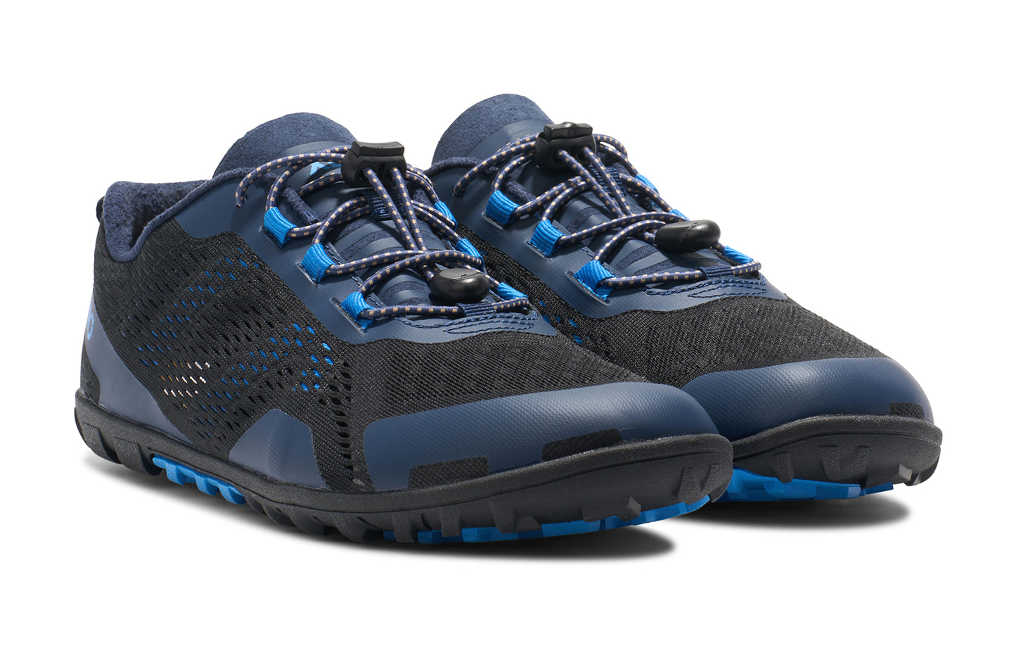 Xero Shoes Canada, specifically barefoot hiking shoes Canada. These minimalist shoes have flexible soles, wide toe boxes, and zero drop. Angled view of Xero Men's Aqua X Sport in Insignia Blue/Azure Blue. Water friendly road and trail shoe.