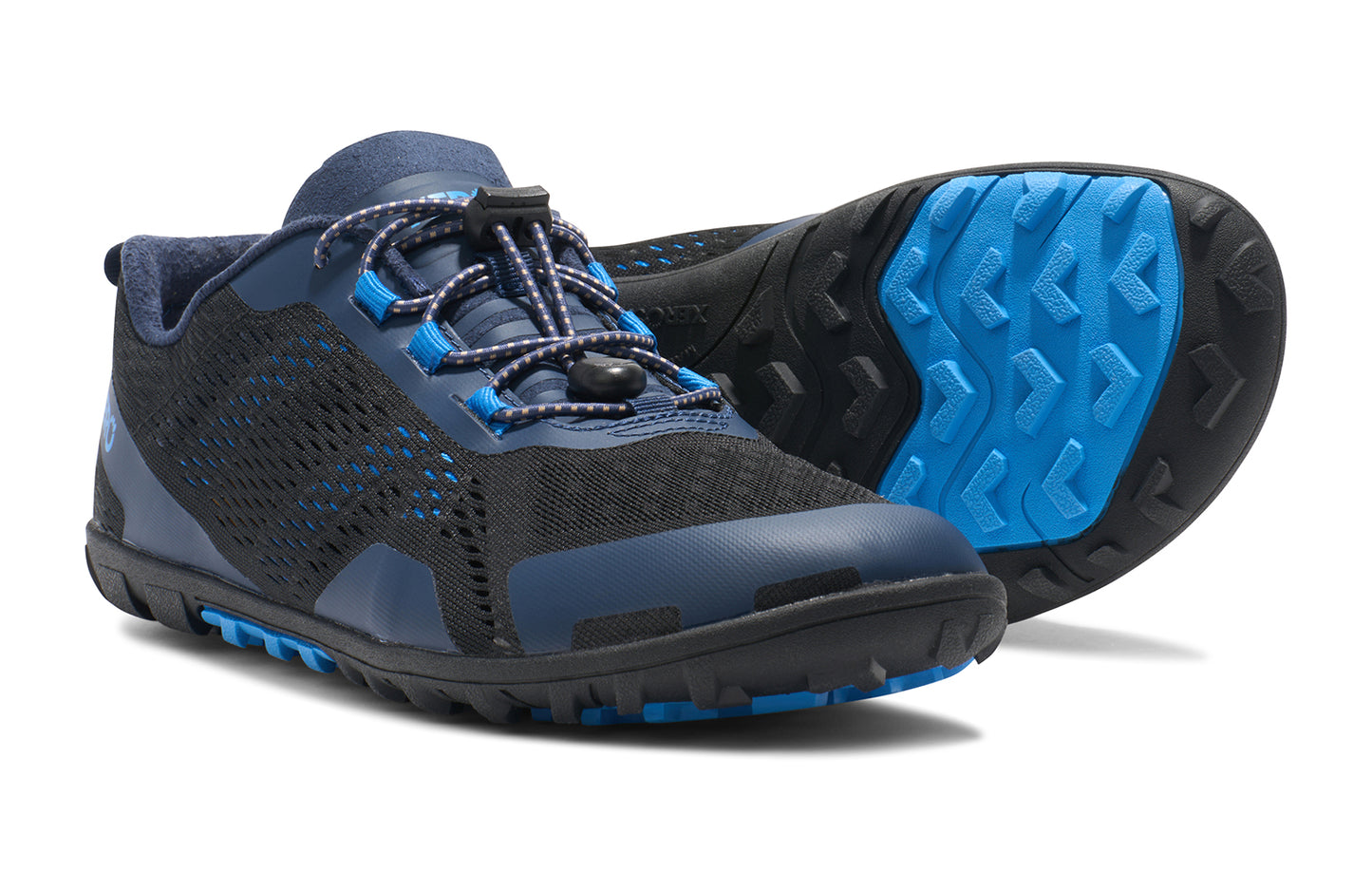 Xero Shoes Canada, specifically barefoot hiking shoes Canada. These minimalist shoes have flexible soles, wide toe boxes, and zero drop. Side and sole pair view of Xero Men's Aqua X Sport in Insignia Blue/Azure Blue. Water friendly road and trail shoe.