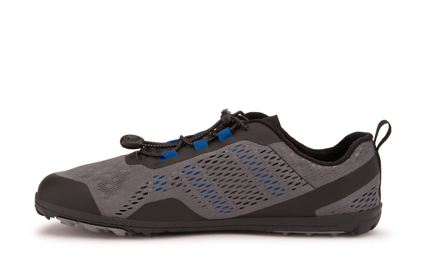 Xero Shoes Canada, specifically barefoot hiking shoes Canada. These minimalist shoes have flexible soles, wide toe boxes, and zero drop. Medial side view of Xero Men's Aqua X Sport in Steel Gray/Blue. Water friendly road and trail shoe.