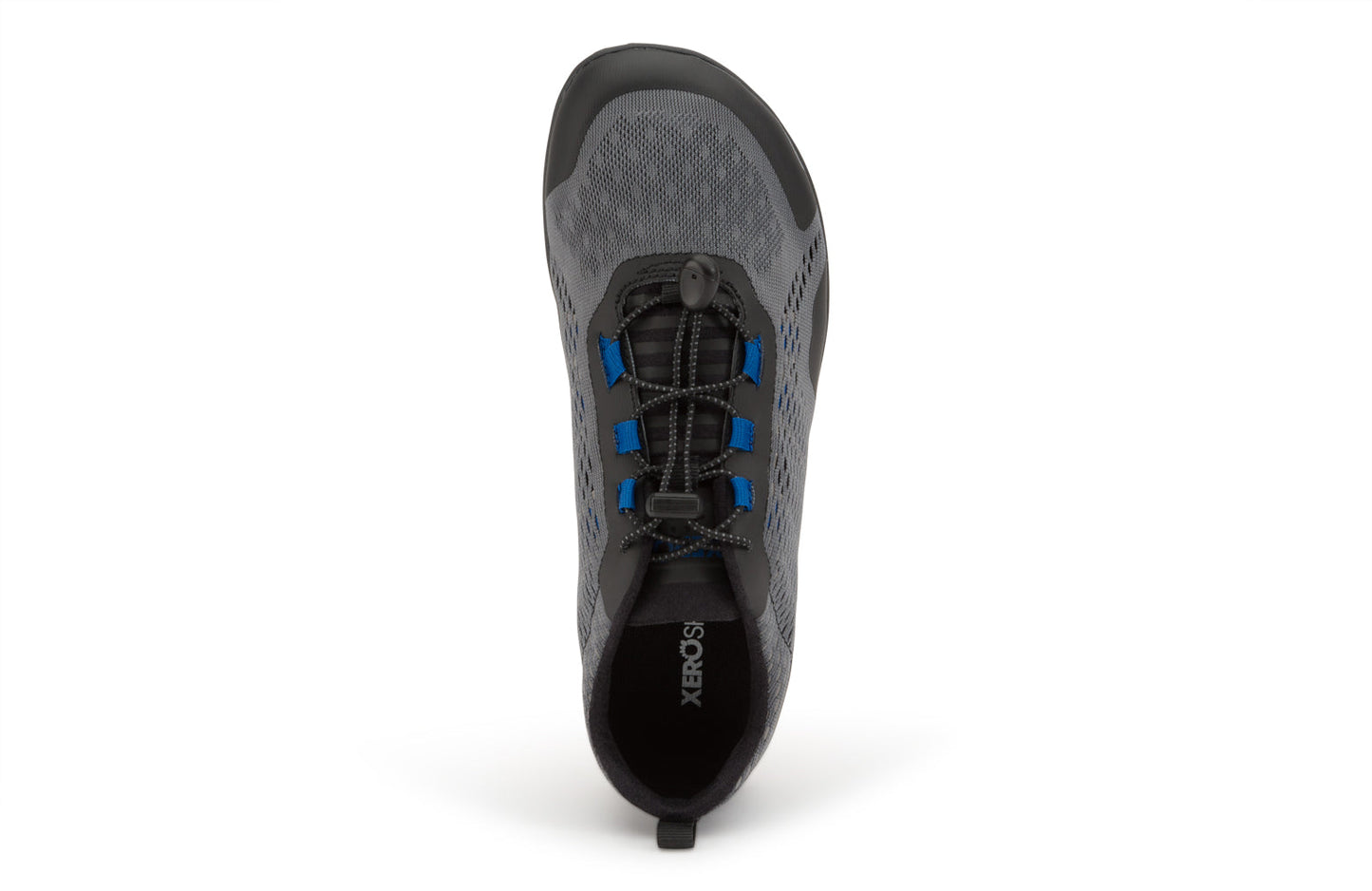 Xero Shoes Canada, specifically barefoot hiking shoes Canada. These minimalist shoes have flexible soles, wide toe boxes, and zero drop. Top view of Xero Men's Aqua X Sport in Steel Gray/Blue. Water friendly road and trail shoe.