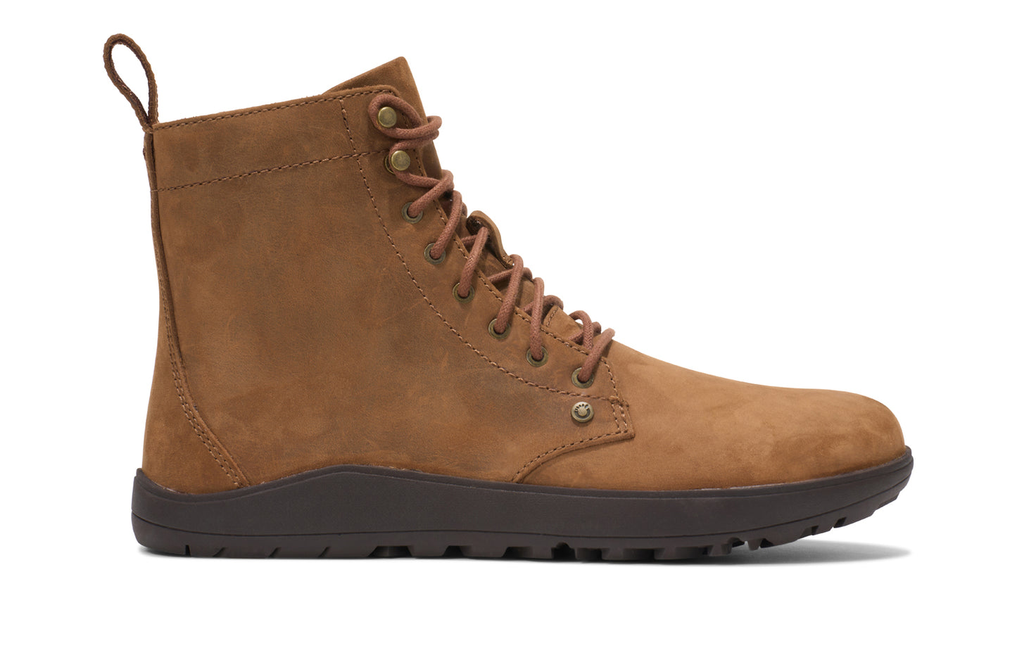 Brown leather boot with a black sole on a white background. Tru Stride Co brings Xero Shoes to Canada