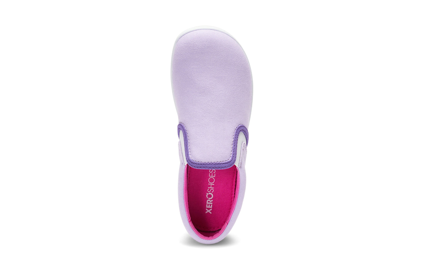 Xero Kid's Barefoot Shoes sold in Ontario, Canada. These minimalist shoes have flexible soles, wide toe boxes, and zero drop. Top view of Xero Youth Dillon Canvas Slip-On in Orchid Petal.