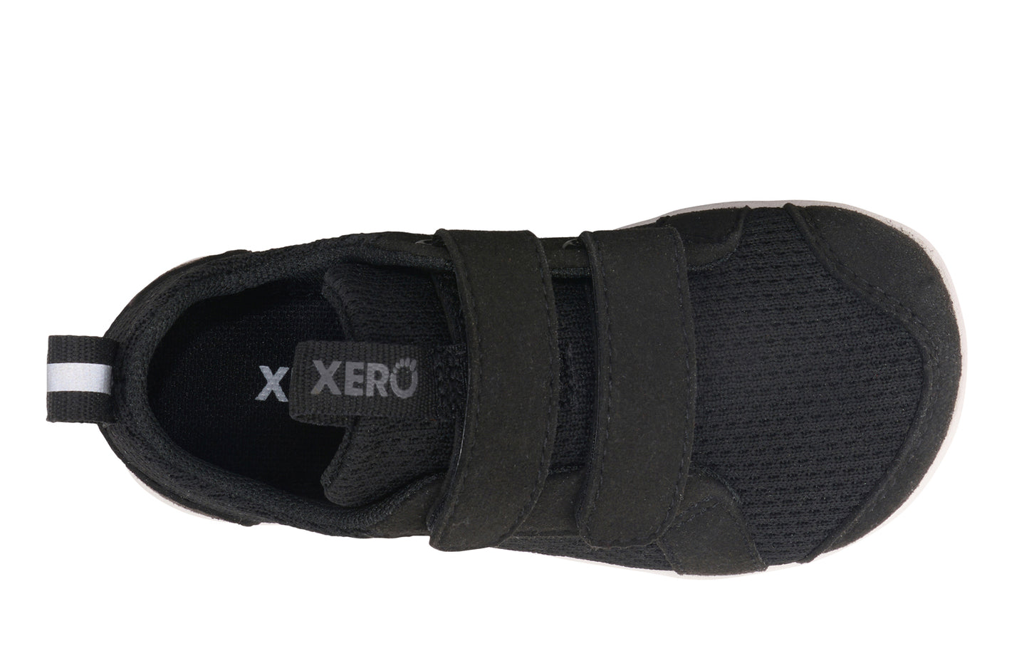Xero Barefoot shoes for kids sold in Ontario, Canada. These minimalist shoes have flexible soles, wide toe boxes, and zero drop. Top view of Xero Dillon Little Kids in Black, a classic sneaker.