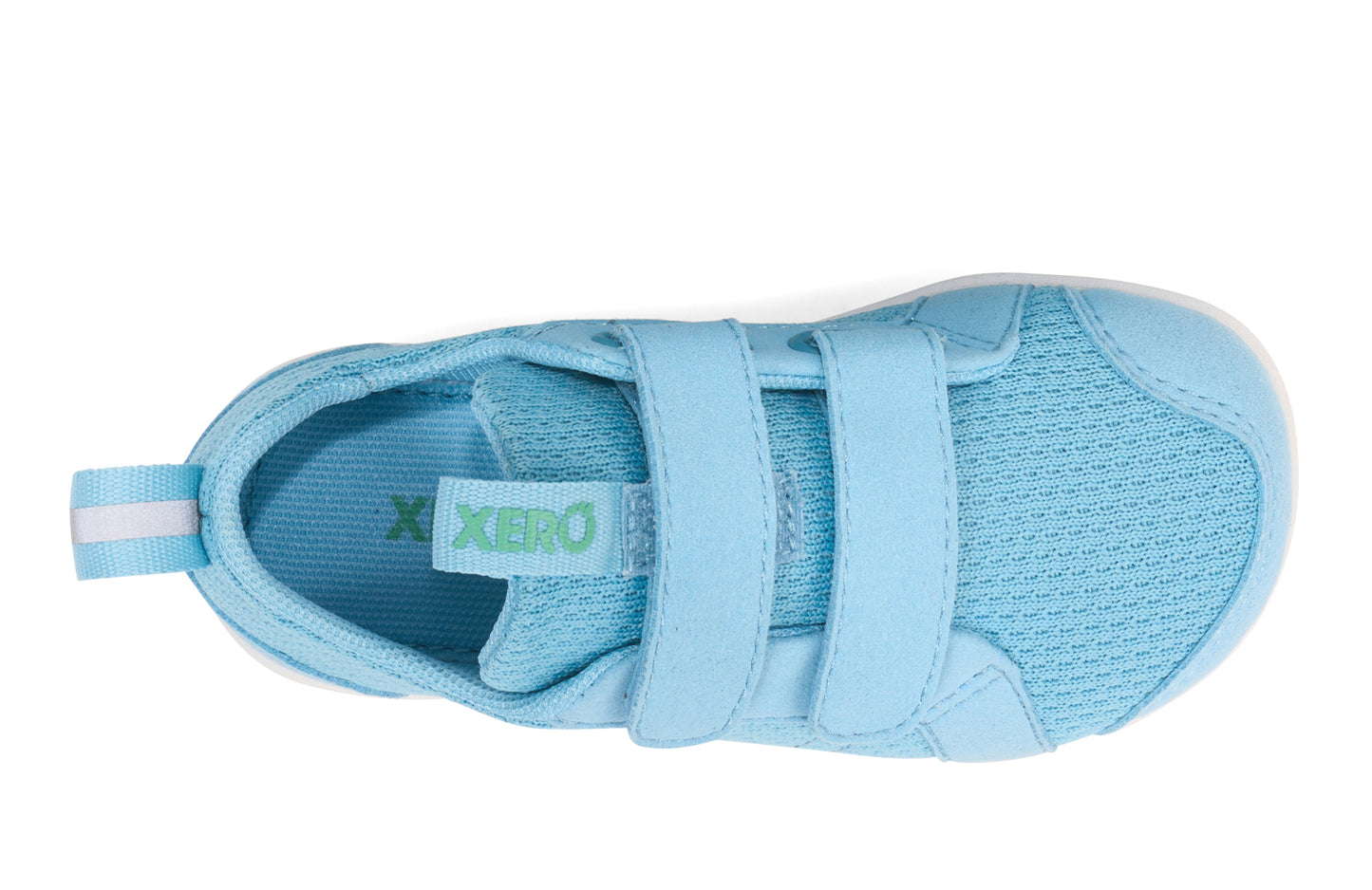 Xero Barefoot shoes for kids sold in Canada. These minimalist shoes have flexible soles, wide toe boxes, and zero drop. Top view of Xero Dillon Little Kids in Milky Blue, a classic sneaker.