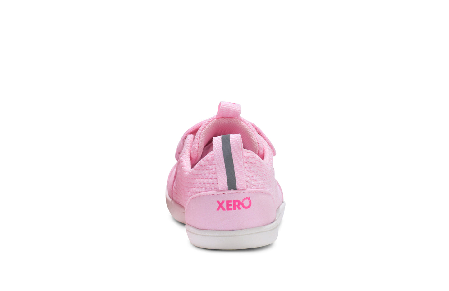Xero Barefoot shoes for kids sold in Ontario, Canada. These minimalist shoes have flexible soles, wide toe boxes, and zero drop. Back view of Xero Dillon Little Kids in Pink-a-Boo, a classic sneaker.