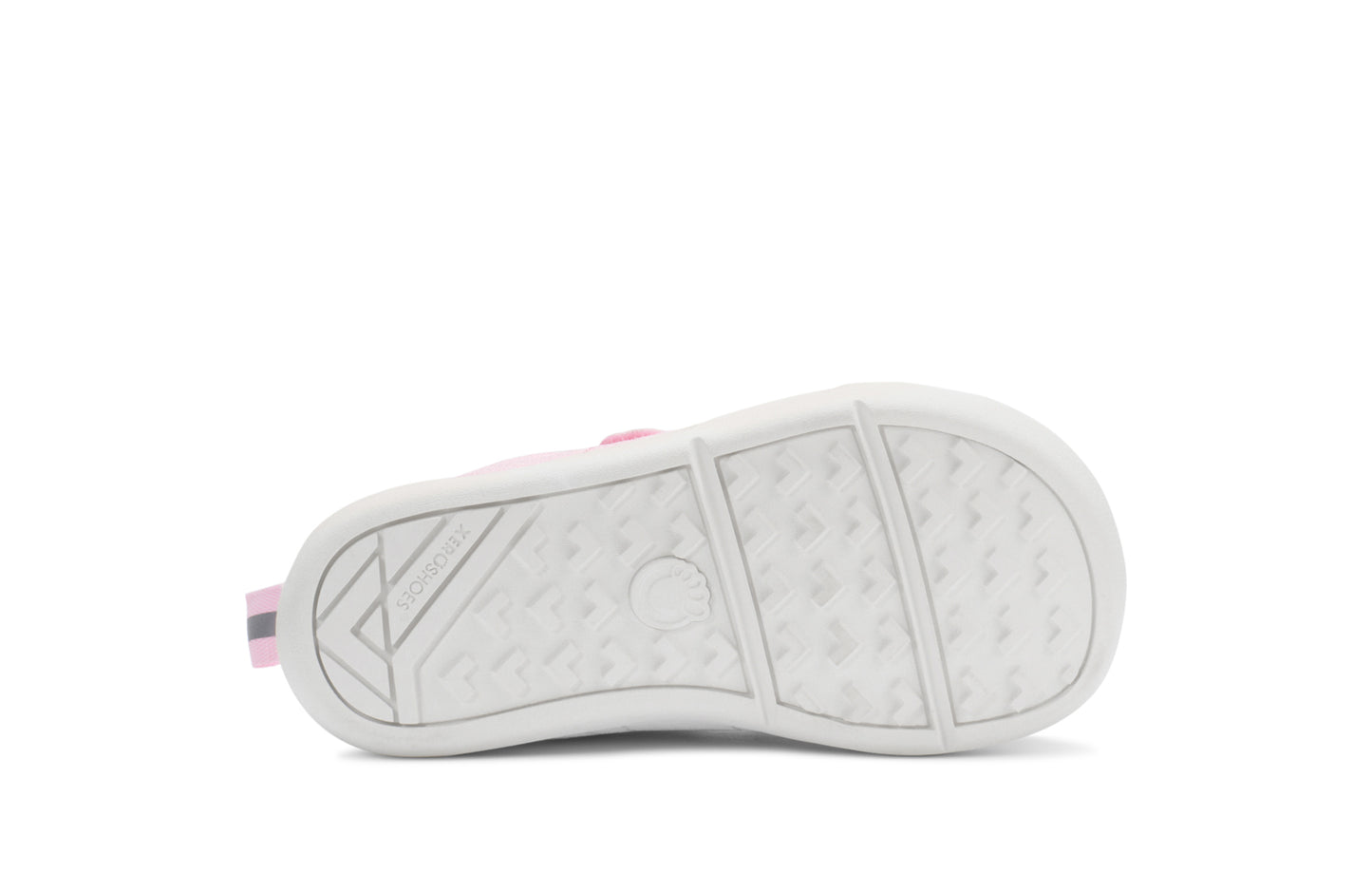 Xero Barefoot shoes for kids sold in Ontario, Canada. These minimalist shoes have flexible soles, wide toe boxes, and zero drop. Sole view of Xero Dillon Little Kids in Pink-a-Boo, a classic sneaker.