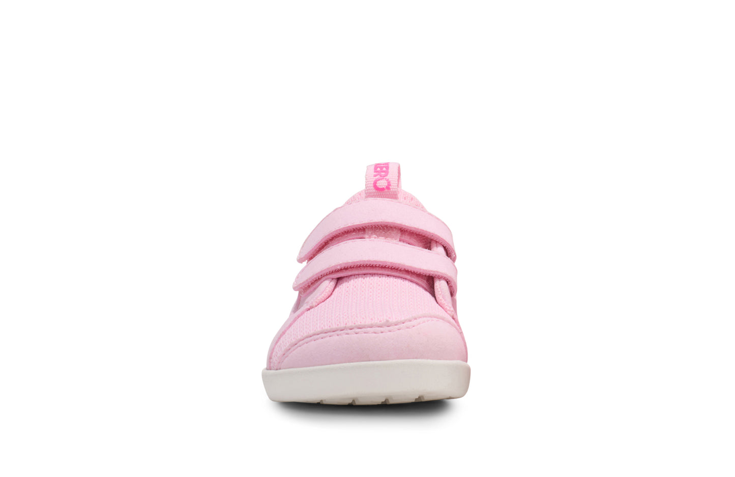 Xero Barefoot shoes for kids sold in Ontario, Canada. These minimalist shoes have flexible soles, wide toe boxes, and zero drop. Front view of Xero Dillon Little Kids in Pink-a-Boo, a classic sneaker.