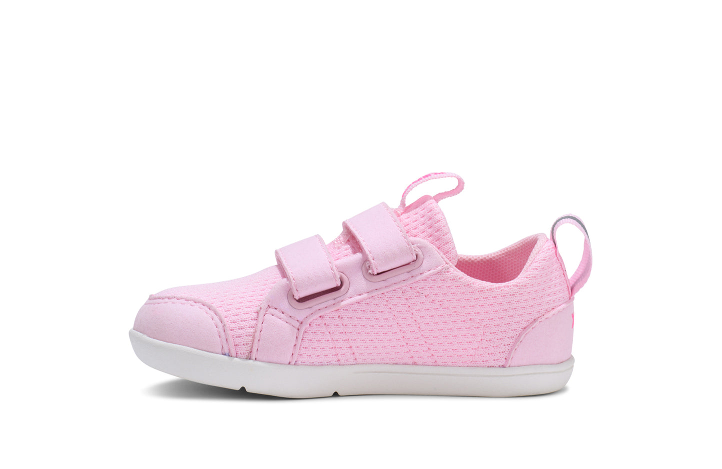 Xero Barefoot shoes for kids sold in Ontario, Canada. These minimalist shoes have flexible soles, wide toe boxes, and zero drop. Side view of Xero Dillon Little Kids in Pink-a-Boo, a classic sneaker.
