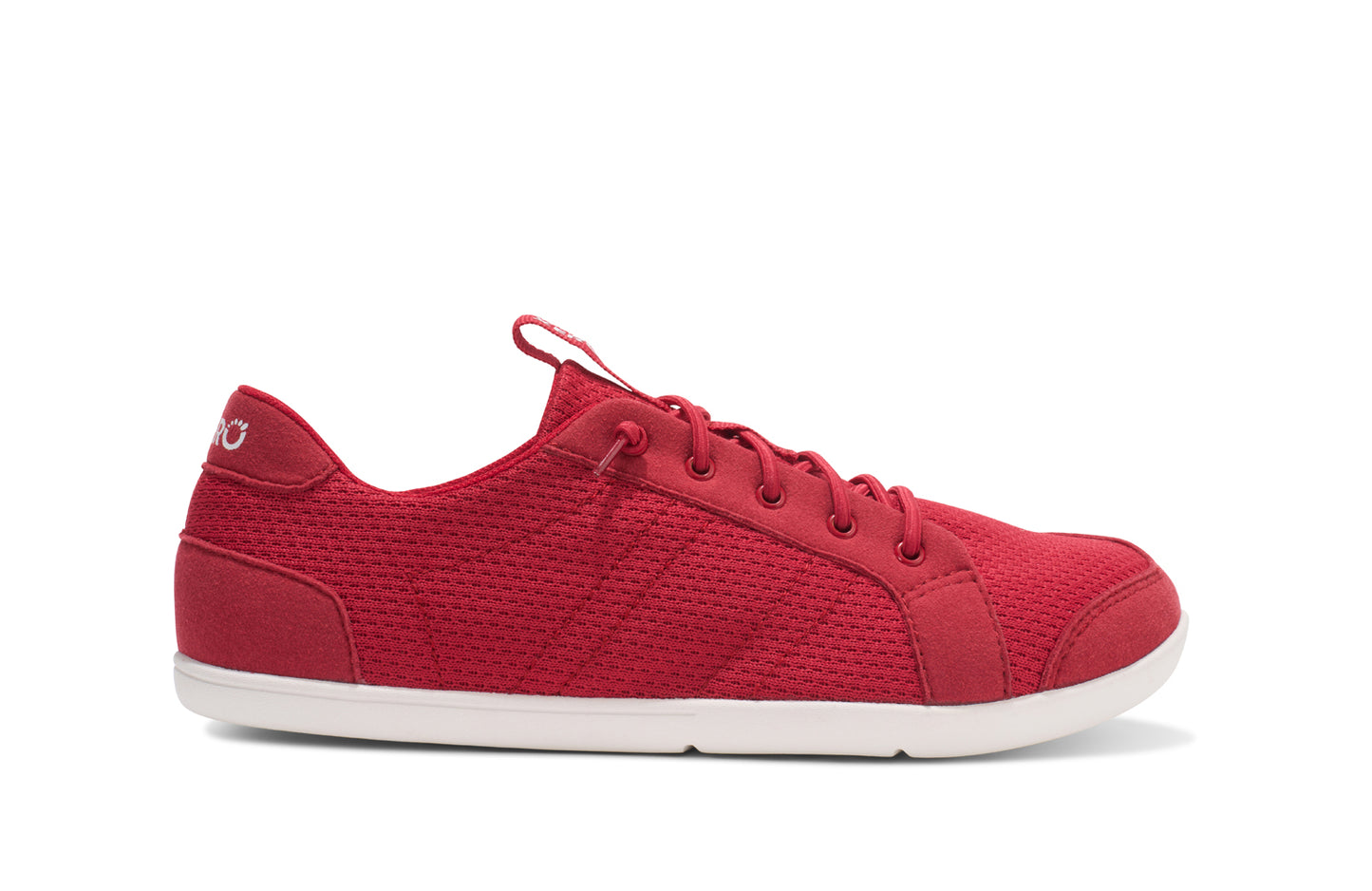 Xero Shoes Canada, barefoot shoes for kids. These minimalist shoes have flexible soles, wide toe boxes, and zero drop. Side view of Xero Big Kid's Dillon in Salsa Red, a classic sneaker.