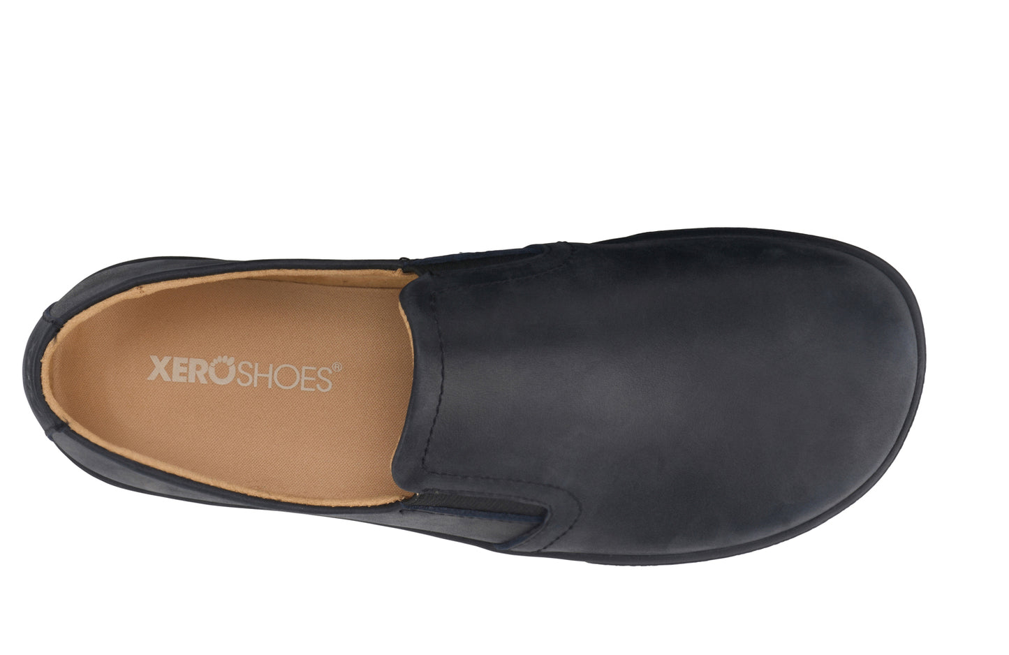 Xero Shoes Canada, specifically men’s barefoot shoes Canada. These minimalist shoes have flexible soles, wide toe boxes, and zero drop. Top view of Xero Men's Dilllon Leather Loaer in Black. Dressy flat.