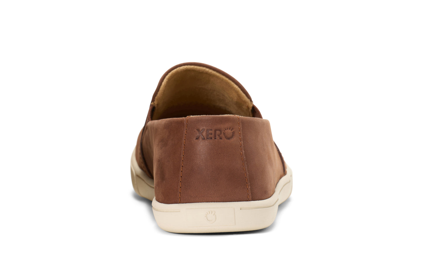 Xero Shoes Canada, specifically men’s barefoot shoes Canada. These minimalist shoes have flexible soles, wide toe boxes, and zero drop. Back view of Xero Men's Dilllon Leather Loaer in Mocha Bisque (Brown). Dressy flat.