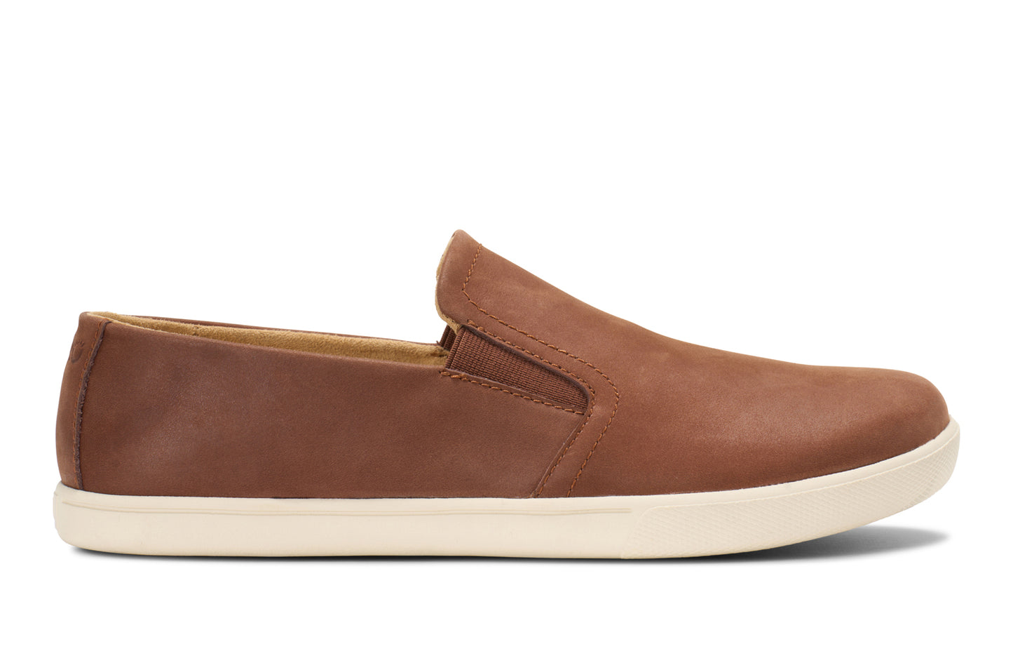 Xero Shoes Canada, specifically men’s barefoot shoes Canada. These minimalist shoes have flexible soles, wide toe boxes, and zero drop. Side view of Xero Men's Dilllon Leather Loaer in Mocha Bisque (Brown). Dressy flat.