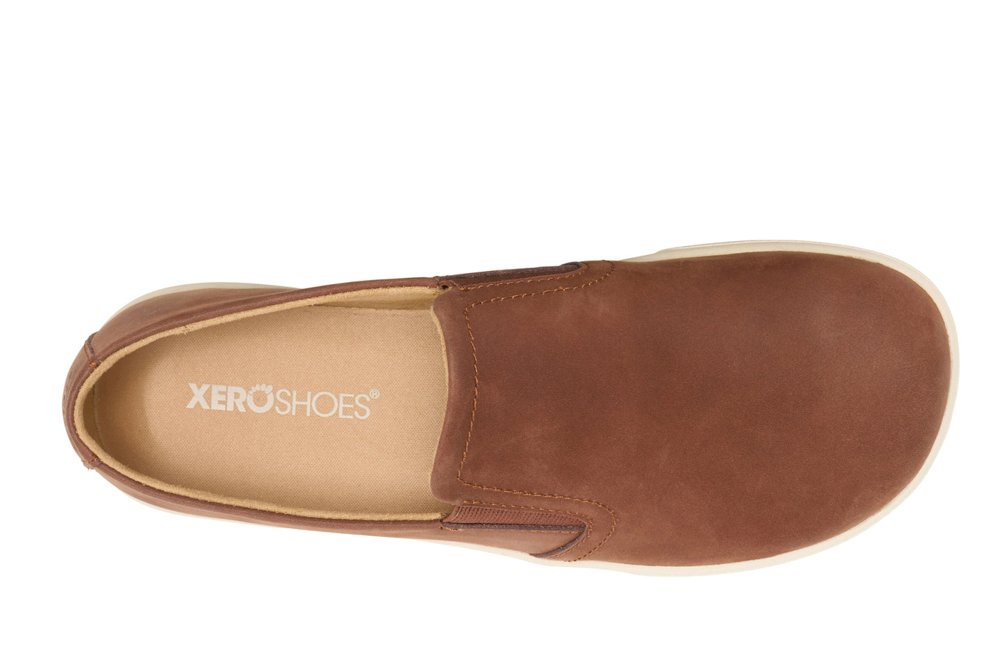 Xero Shoes Canada, specifically men’s barefoot shoes Canada. These minimalist shoes have flexible soles, wide toe boxes, and zero drop. Top view of Xero Men's Dilllon Leather Loaer in Mocha Bisque (Brown). Dressy flat.