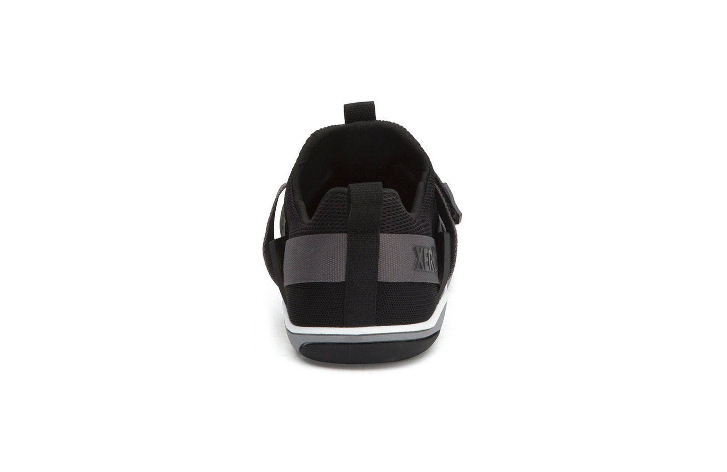 Xero Shoes Canada, specifically barefoot running shoes Canada. These minimalist shoes have flexible soles, wide toe boxes, and zero drop. Back view of Xero Women's Forza Trainer in Black/Asphalt. A stable training shoe.