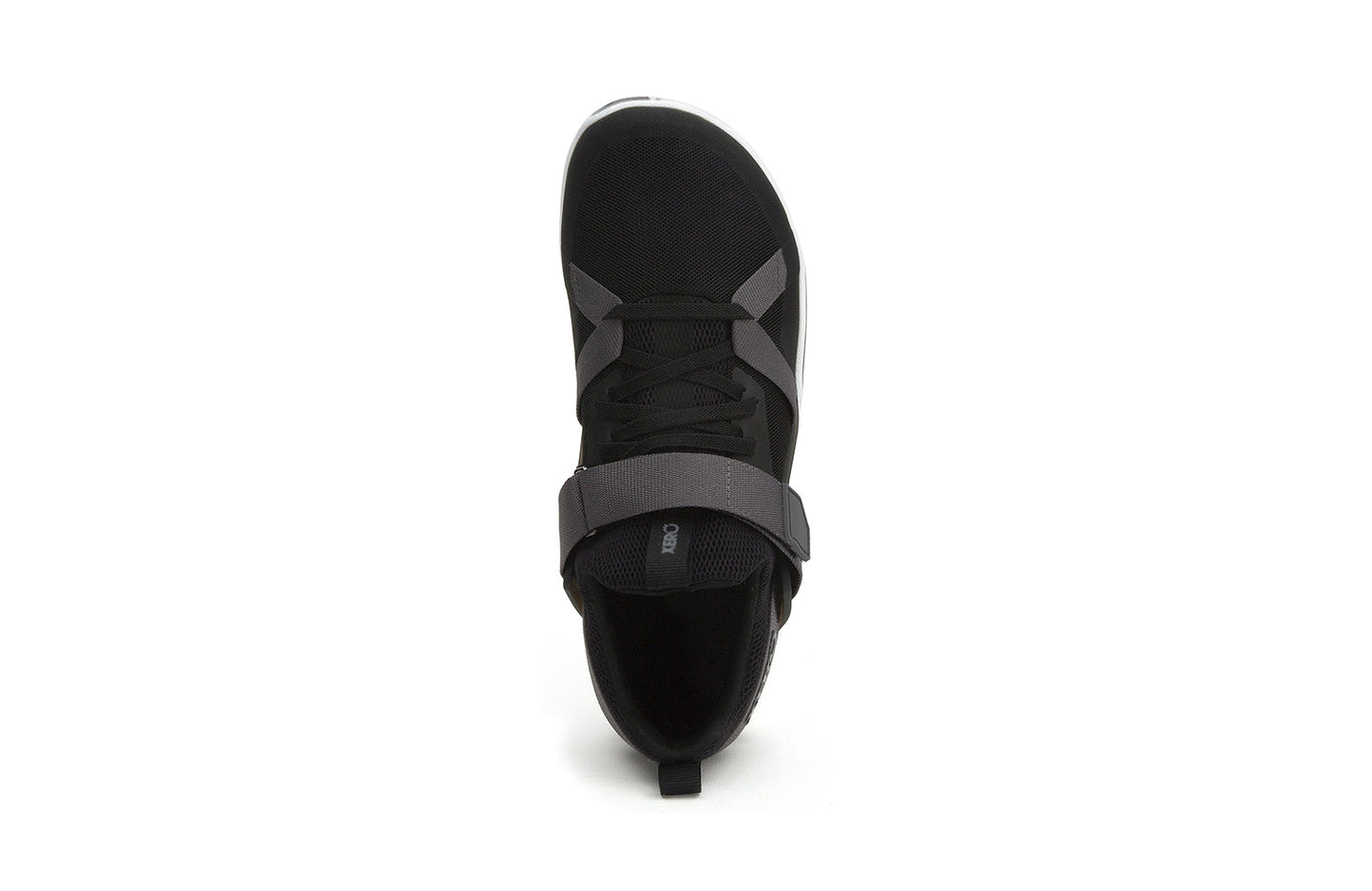 Xero Barefoot Shoes sold in Ontario, Canada. These minimalist shoes have flexible soles, wide toe boxes, and zero drop. Top view of Xero Women's Forza Trainer in Black/Asphalt. A stable training shoe.