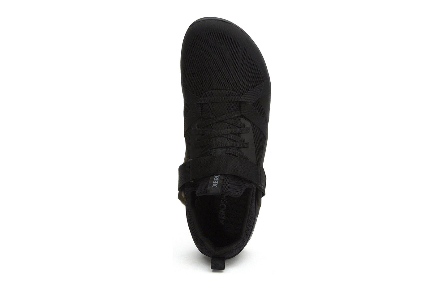 Xero Shoes Canada, specifically barefoot running shoes Canada. These minimalist shoes have flexible soles, wide toe boxes, and zero drop. Top view of Xero Men's Forza Trainer in Black. A stable training shoe.
