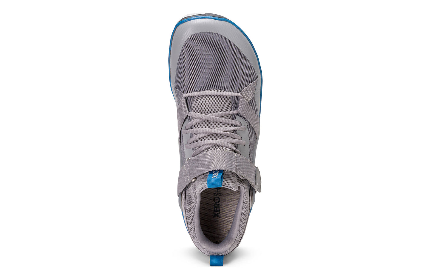 Xero Shoes Canada, specifically barefoot running shoes Canada. These minimalist shoes have flexible soles, wide toe boxes, and zero drop. Top view of Xero Men's Forza Trainer in Frost Gray. A stable training shoe.