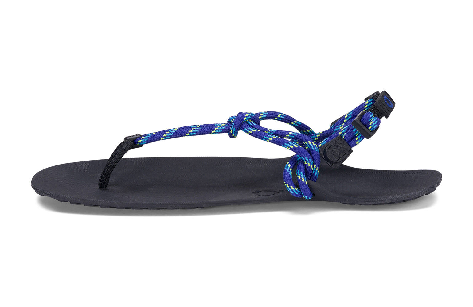 Xero Shoes Canada, specifically men’s barefoot shoes Canada. These minimalist shoes have flexible soles, wide toe boxes, and zero drop. Medial side view of Xero Men's Genesis in Sodalite Blue. Lightweight, packable, travel-friendly sandal.