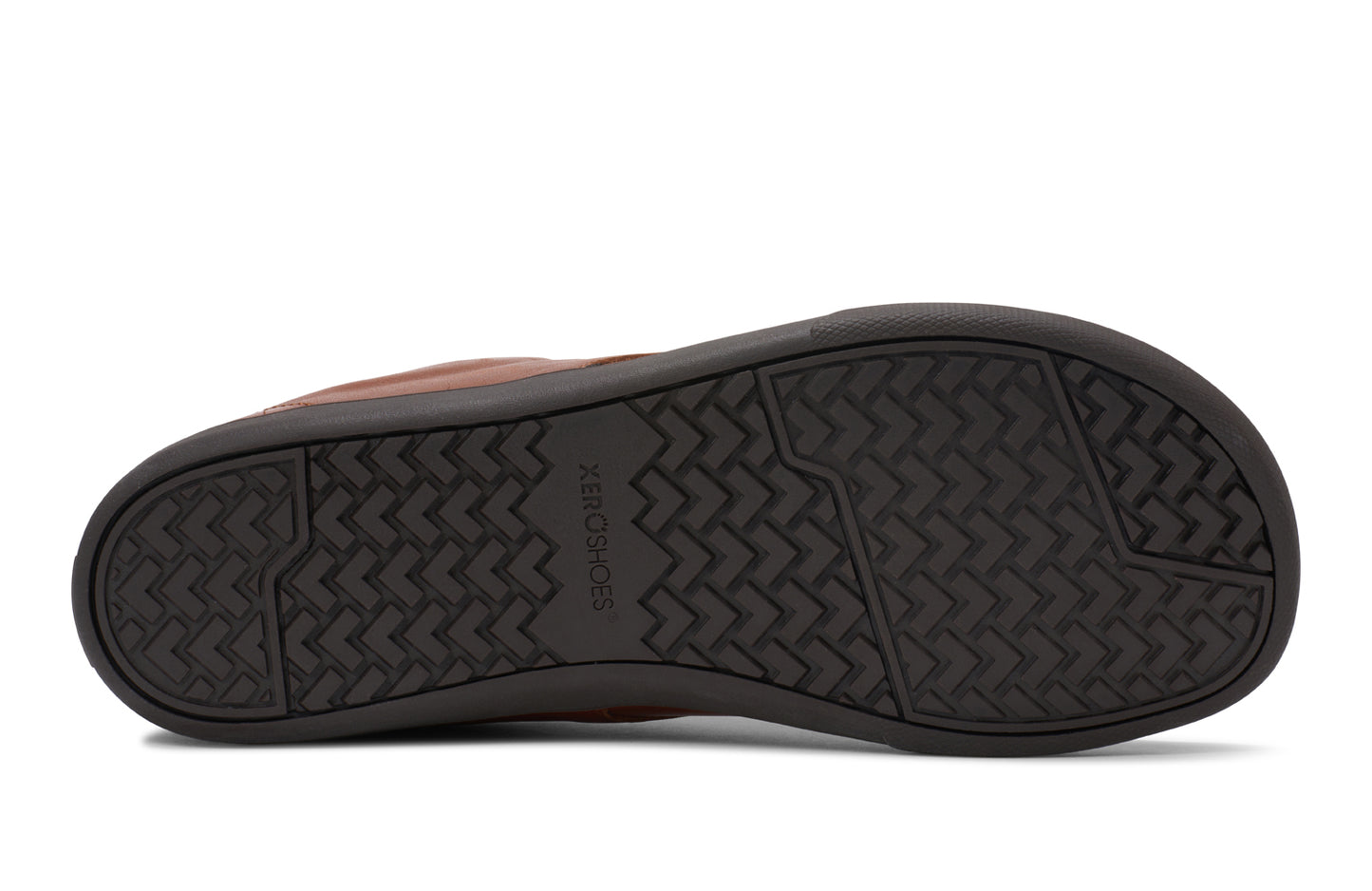 Xero Shoes Canada, specifically men’s barefoot shoes Canada. These minimalist shoes have flexible soles, wide toe boxes, and zero drop. Sole view of Xero Men's Glenn Dress in Brown. Dressy leather sneaker.