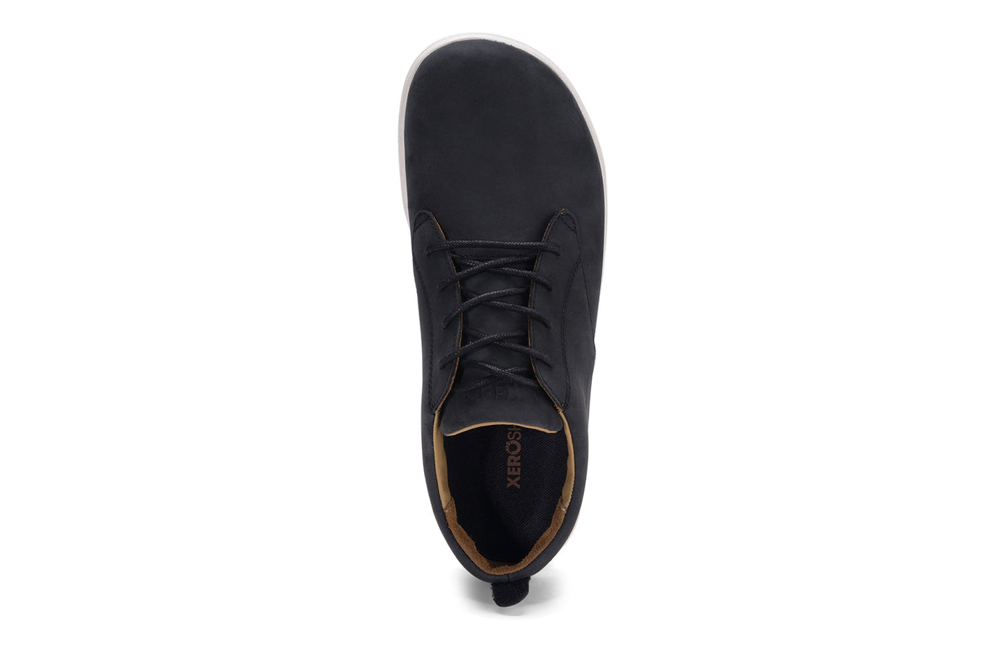 Xero Shoes Canada, specifically men’s barefoot shoes Canada. These minimalist shoes have flexible soles, wide toe boxes, and zero drop. Top view of Xero Men's Glenn in Black/White. Dress casual leather shoe.