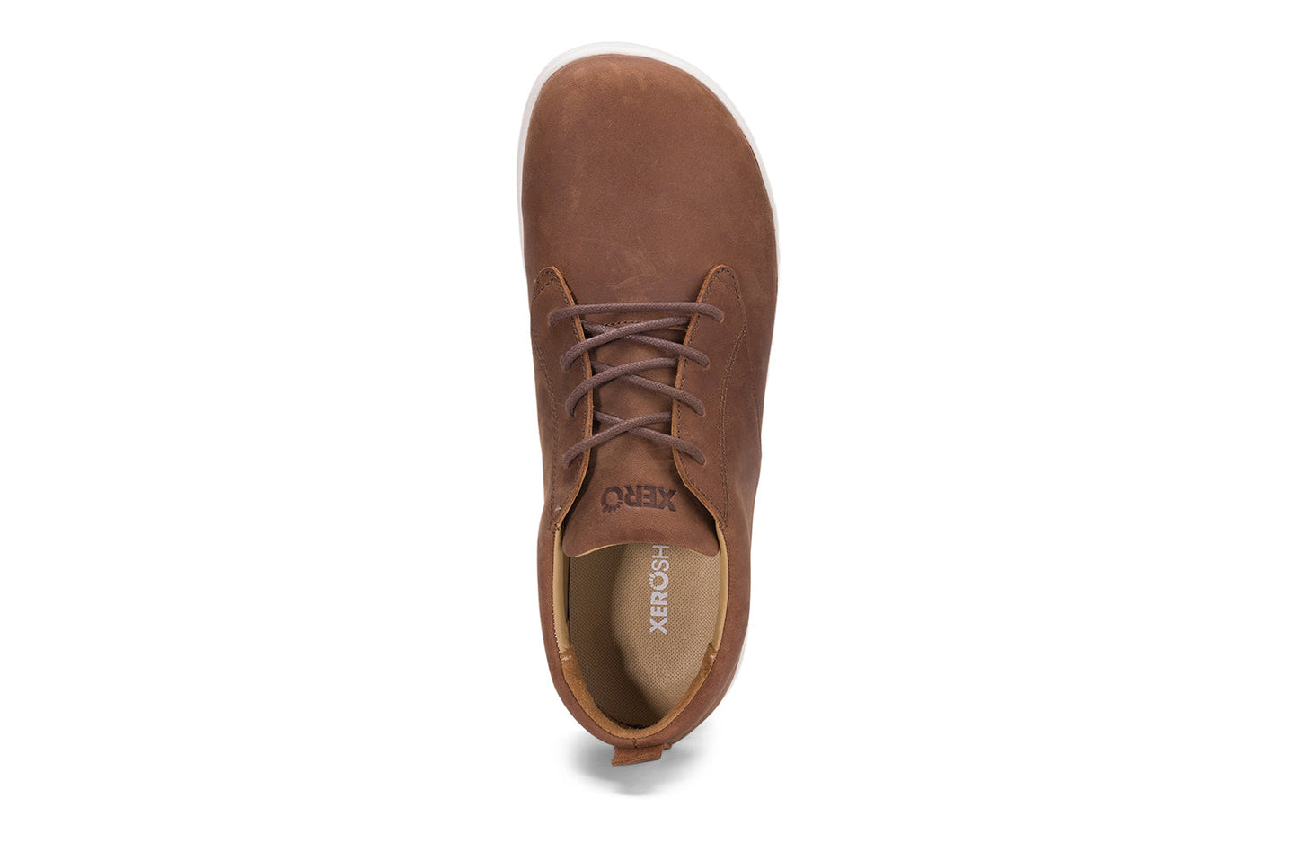 Xero Shoes Canada, specifically men’s barefoot shoes Canada. These minimalist shoes have flexible soles, wide toe boxes, and zero drop. Top view of Xero Men's Glenn in Brown. Dress casual leather shoe.