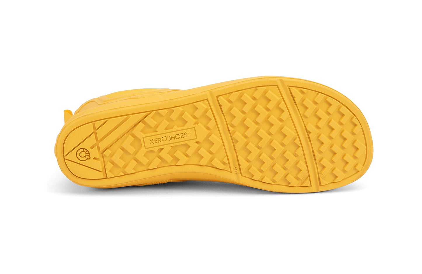 Xero Shoes Canada, specifically women’s barefoot shoes Canada. These minimalist shoes have flexible soles, wide toe boxes, and zero drop. Sole view of Xero Women's Gracie in Yellow. Fun and comfy rain boot.