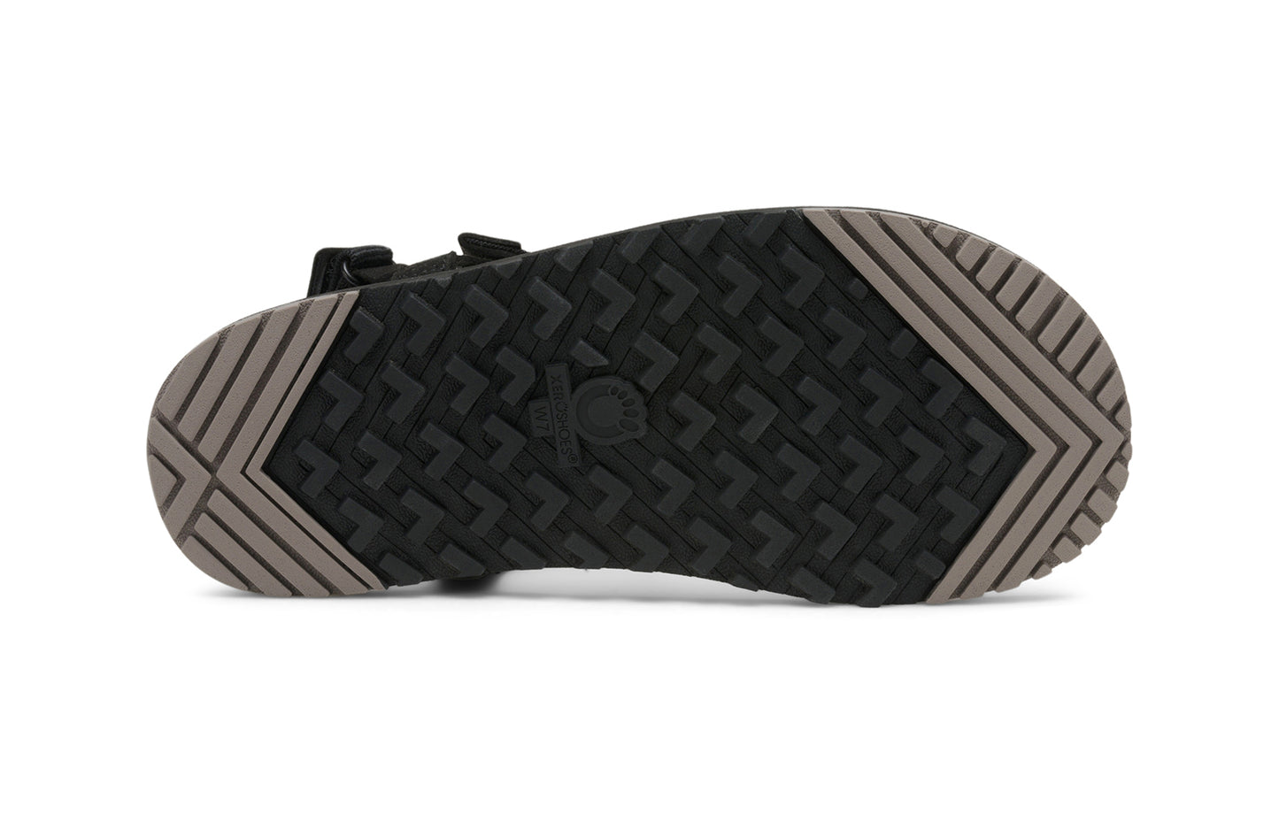 Xero Shoes Canada, specifically men’s barefoot shoes Canada. These minimalist shoes have flexible soles, wide toe boxes, and zero drop. Sole view of Men's H-Trail in Black. A huarache-style hiking sandal.