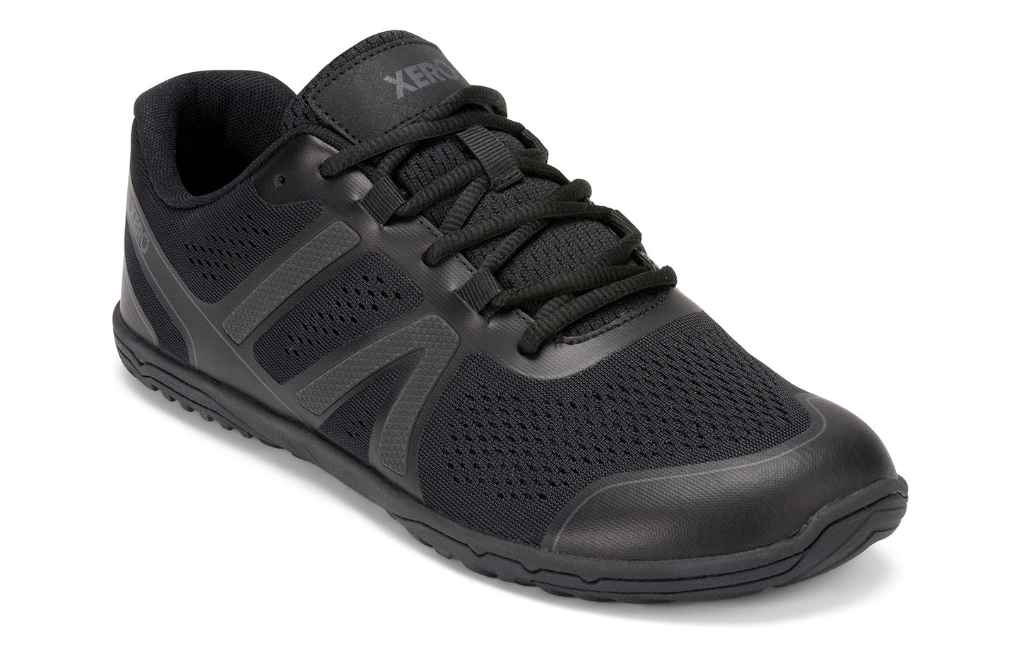 Xero Shoes Canada, specifically barefoot running shoes Canada. These minimalist shoes have flexible soles, wide toe boxes, and zero drop. Angled view of Xero Men's HFS II in Black Asphalt. Lightweight road runner.
