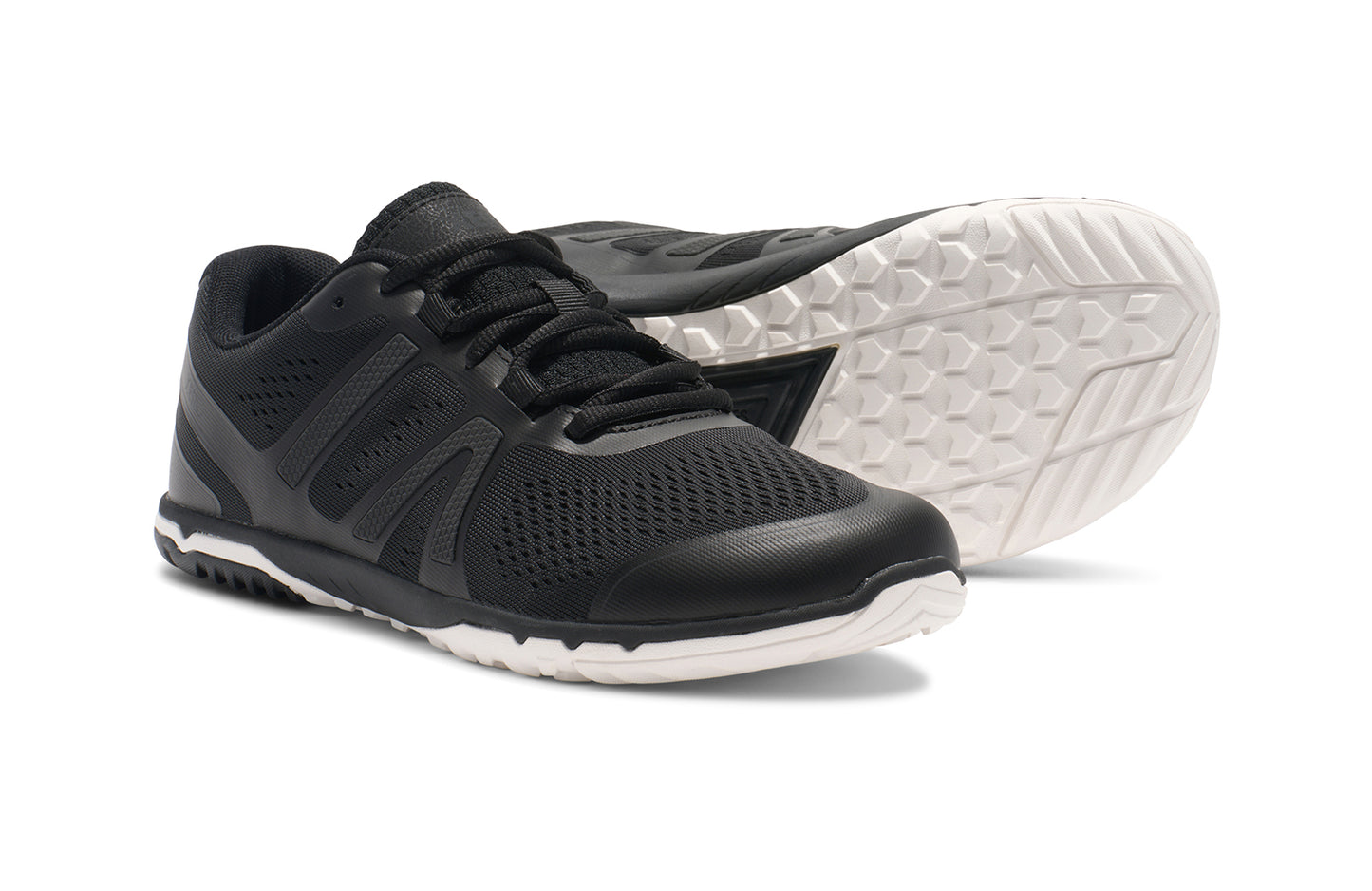 Xero Shoes Canada, specifically barefoot running shoes Canada. These minimalist shoes have flexible soles, wide toe boxes, and zero drop. Pair view of Xero Women's HFS II in Black. Lightweight road runner.