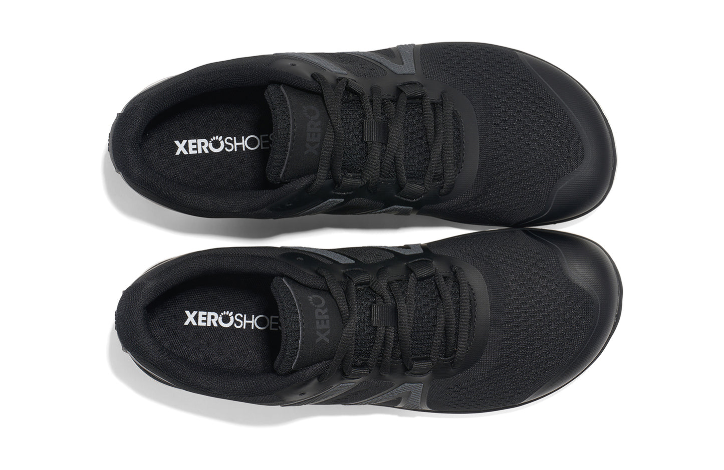 Xero Shoes Canada, specifically barefoot running shoes Canada. These minimalist shoes have flexible soles, wide toe boxes, and zero drop. Top view of Xero Women's HFS II in Black. Lightweight road runner.