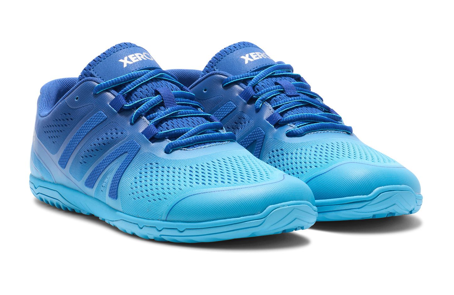 Xero Shoes Canada, specifically barefoot running shoes Canada. These minimalist shoes have flexible soles, wide toe boxes, and zero drop. Pair view of Xero Men's HFS II in Blue Iolite/Aquarius. Lightweight road runner.