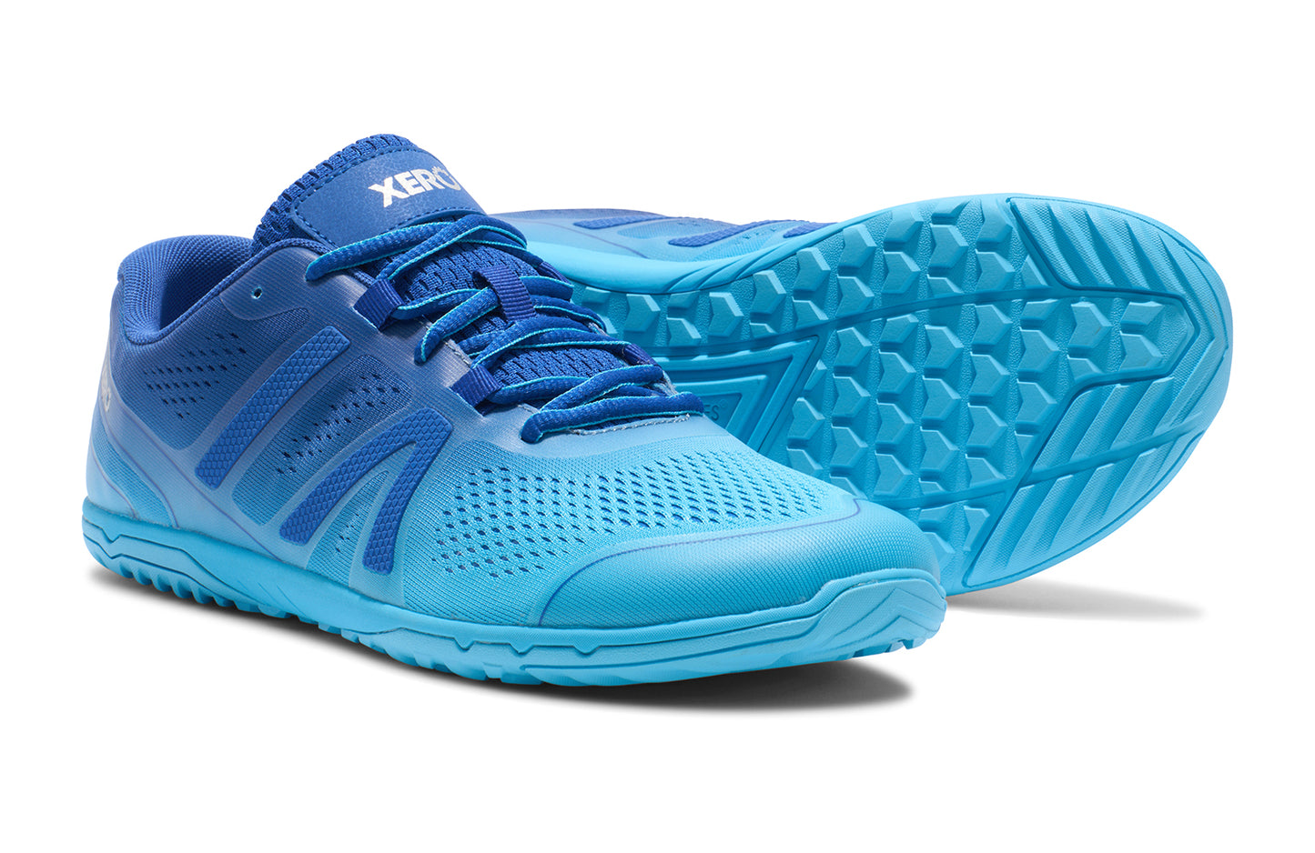 Xero Shoes Canada, specifically barefoot running shoes Canada. These minimalist shoes have flexible soles, wide toe boxes, and zero drop. Pair view of Xero Men's HFS II in Blue Iolite/Aquarius. Lightweight road runner.
