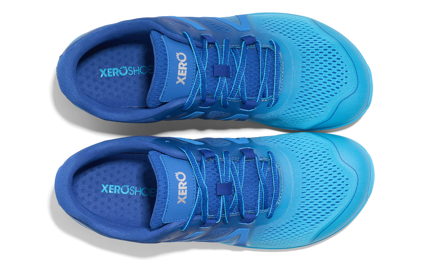 Xero Shoes Canada, specifically barefoot running shoes Canada. These minimalist shoes have flexible soles, wide toe boxes, and zero drop. Top view of Xero Men's HFS II in Blue Iolite/Aquarius. Lightweight road runner.